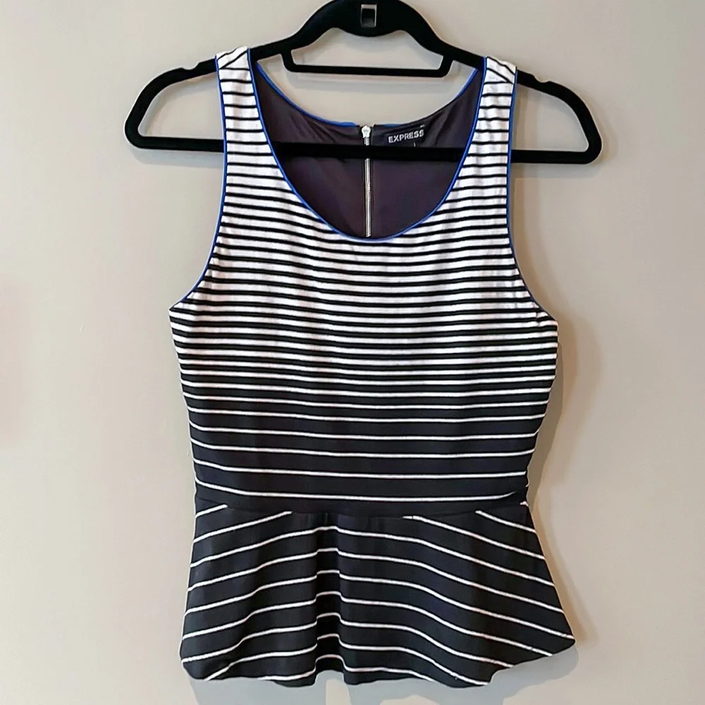 Express Black White Striped Peplum Tank Top Small Stretch Sleeveless Zip Back